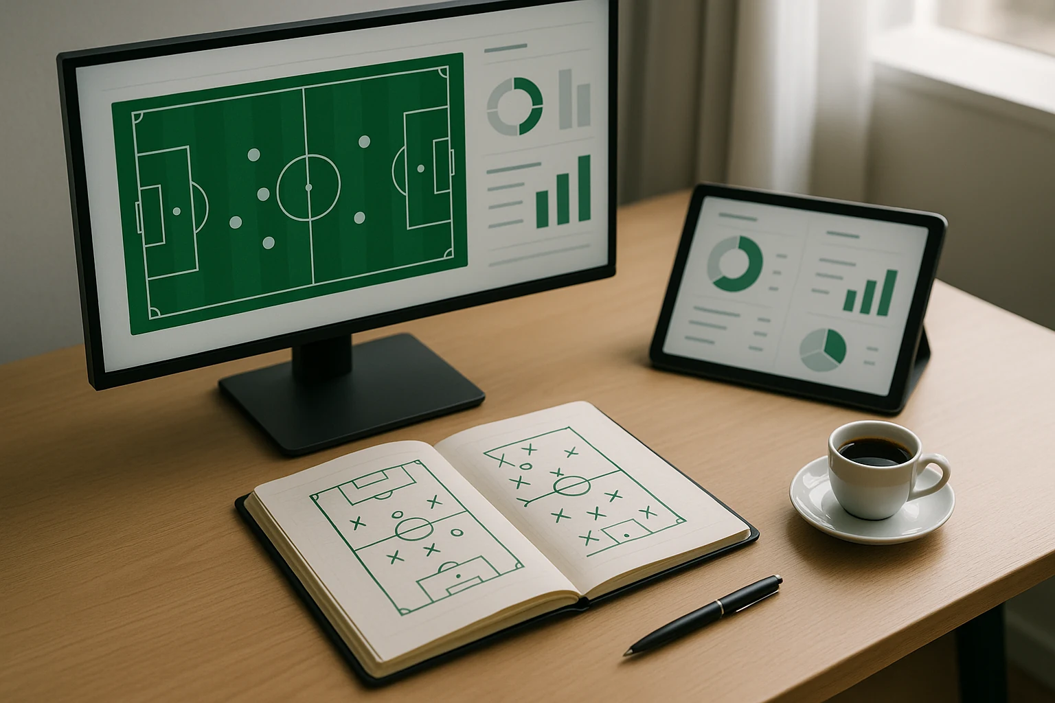 Mesa de trabalho de analista esportivo com monitor mostrando diagrama tático e estatísticas de partida