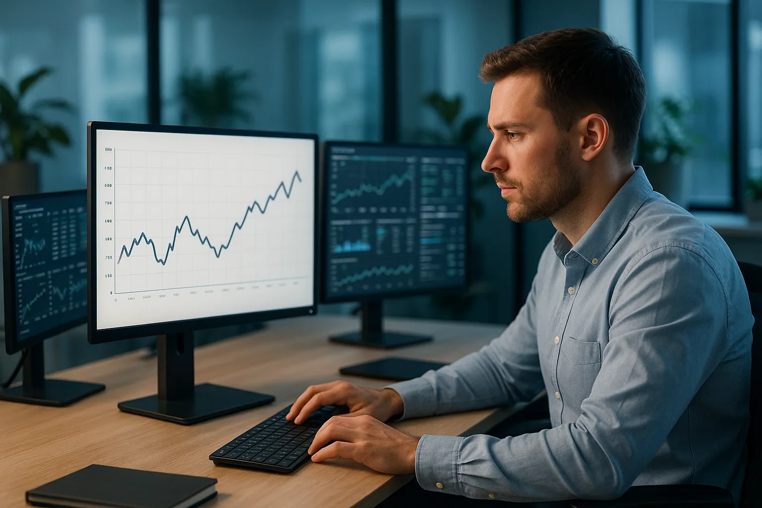 Analista profissional estudando gráficos de mercado de odds em escritório moderno