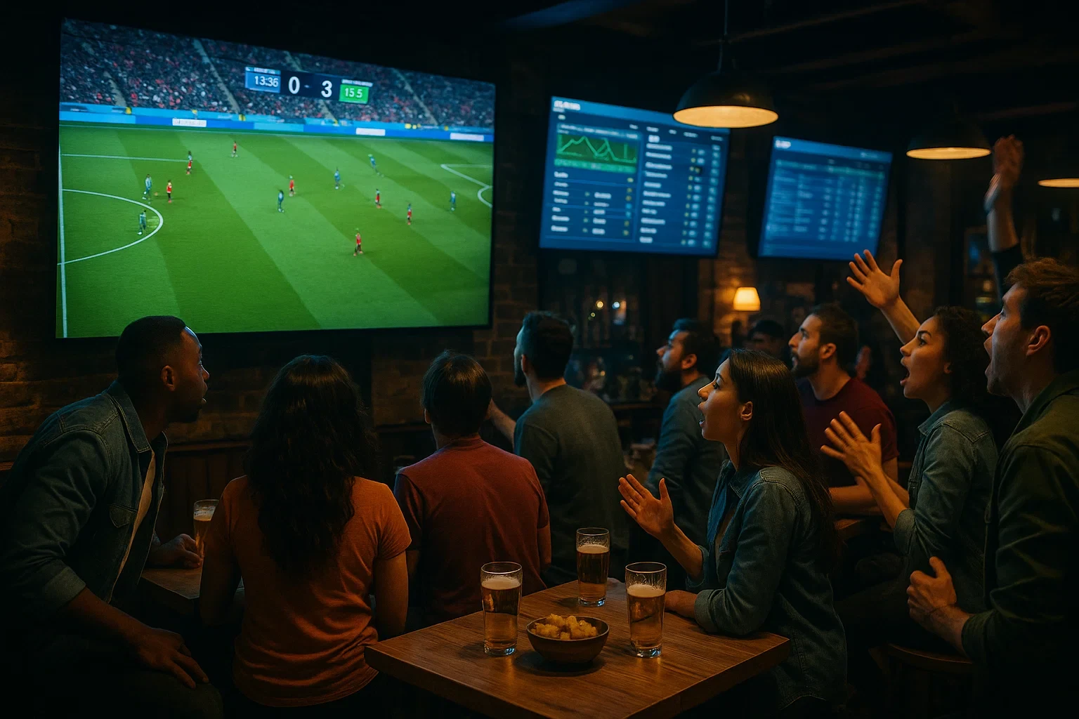 Torcedores assistindo jogo de futebol ao vivo em bar com telas mostrando estatísticas