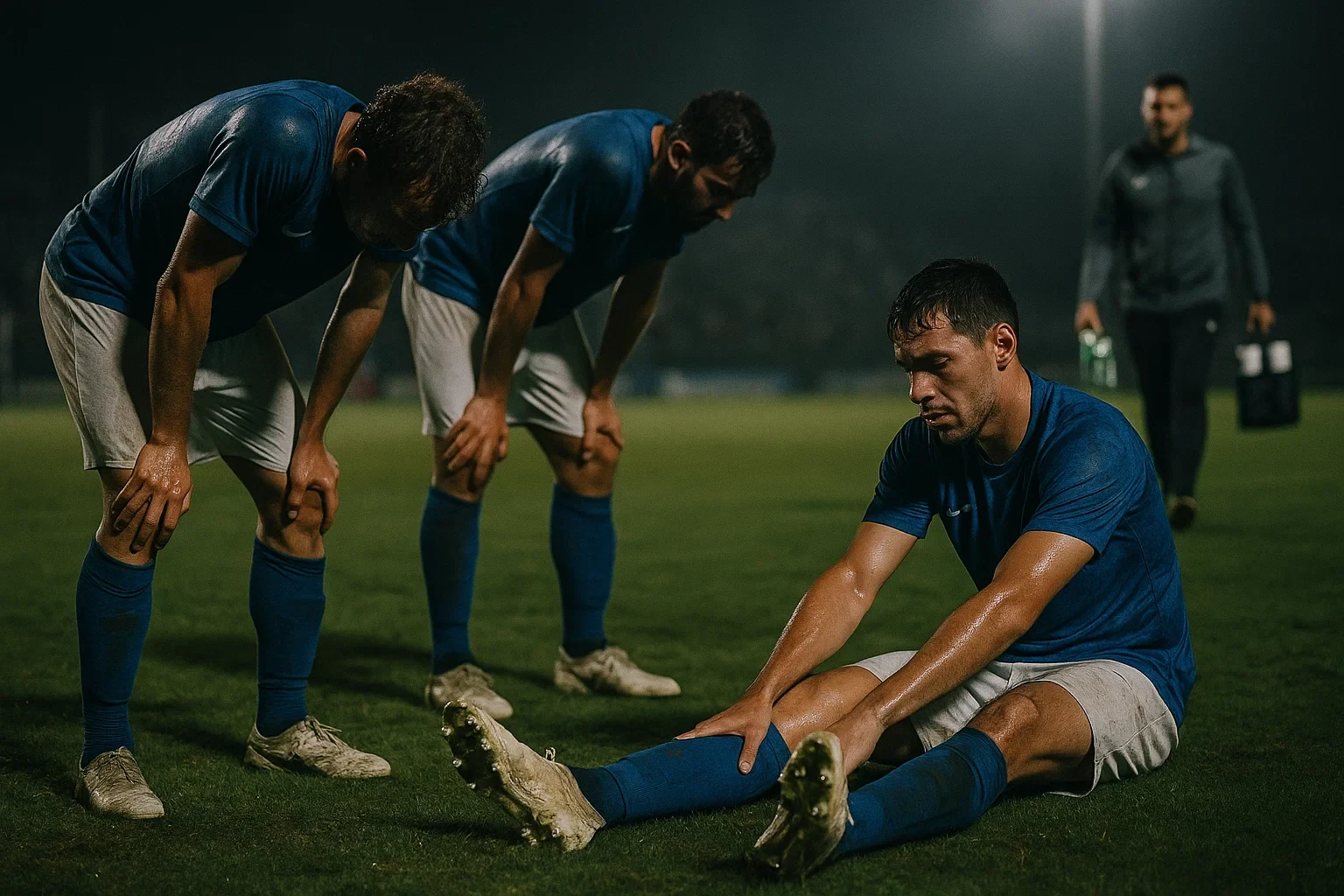 Jogadores de futebol em campo mostrando sinais de cansaço físico após partida intensa
