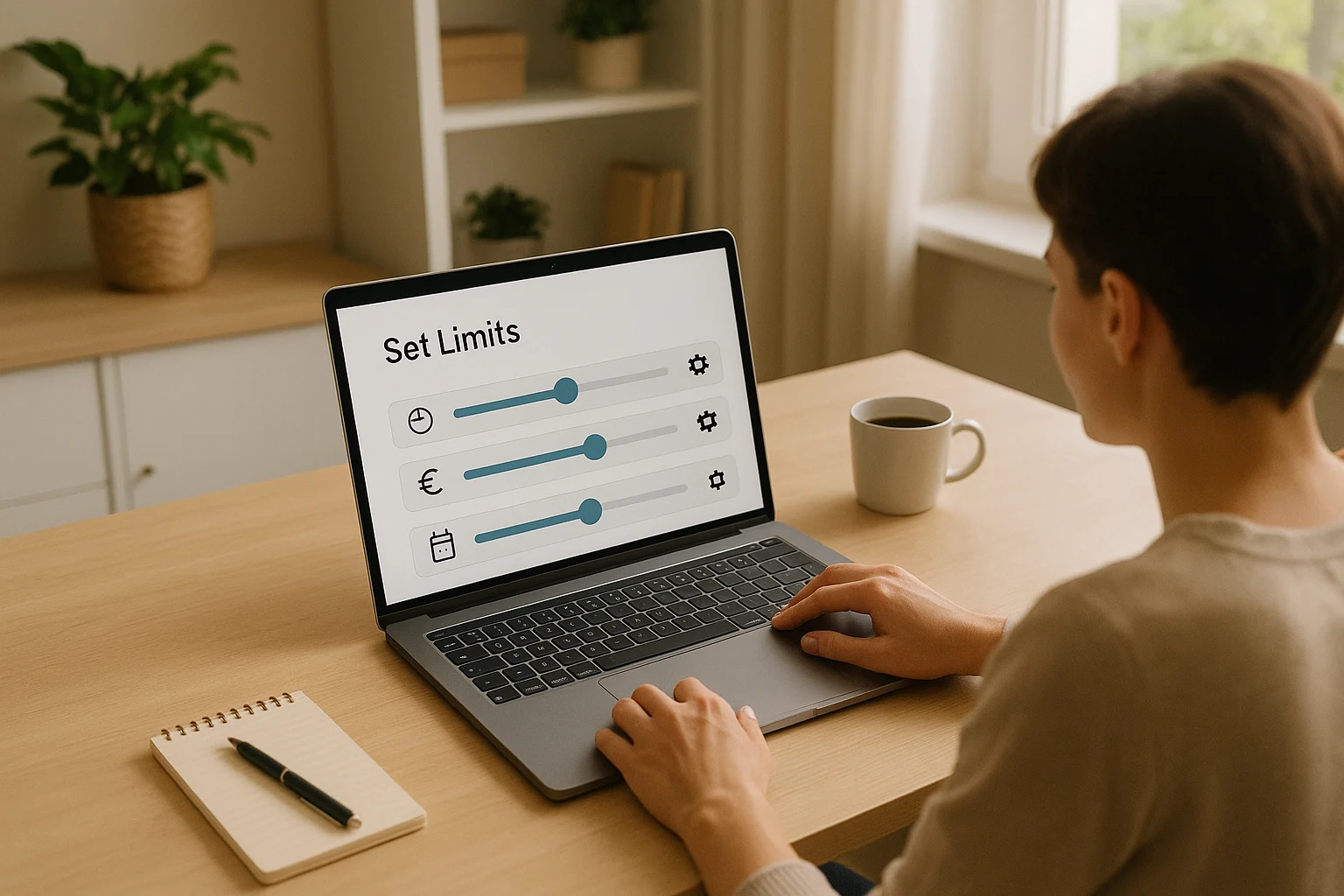 Pessoa configurando limites de apostas responsáveis no laptop em ambiente organizado