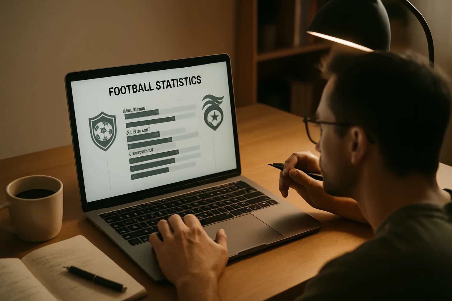 Pessoa analisando estatísticas de futebol em laptop com caderno de anotações
