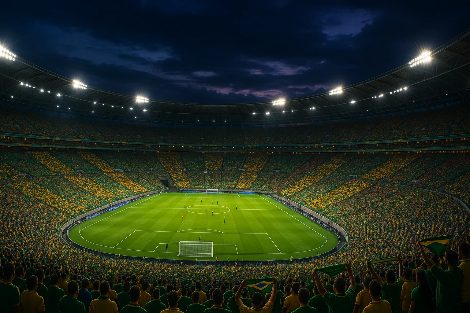Vista aérea de estádio brasileiro lotado durante partida noturna com torcida criando mosaico de cores nas arquibancadas