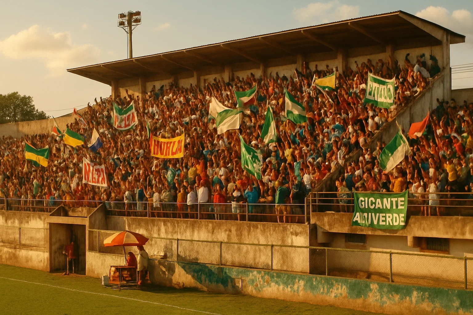 Pequeno estádio regional brasileiro com torcida local apoiando time em jogo de campeonato estadual