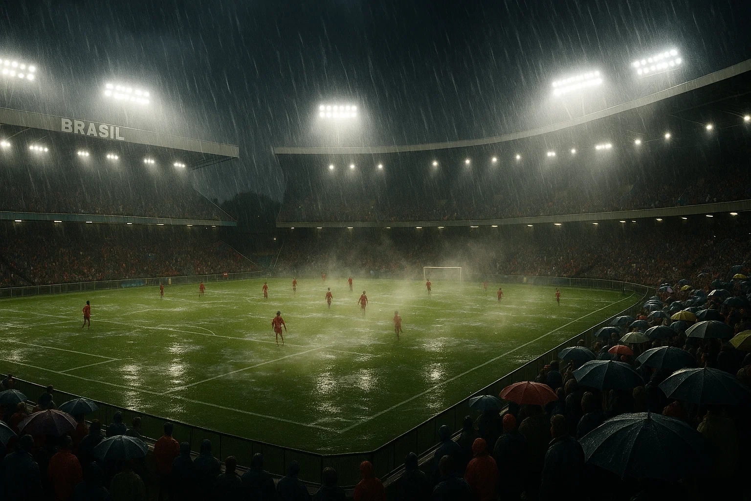 Vista aérea de estádio brasileiro sob chuva forte mostrando condições climáticas adversas