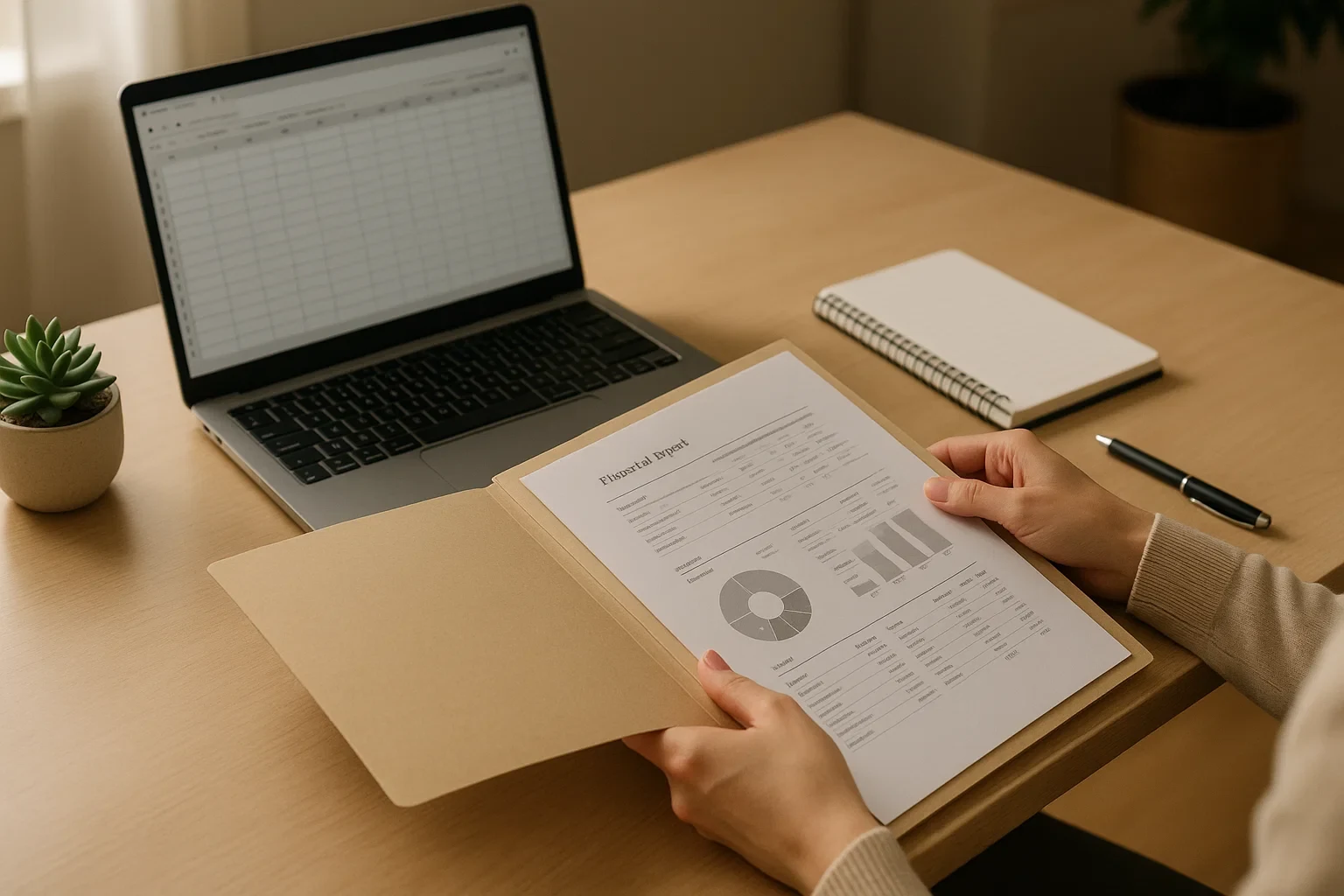 Mesa de escritório organizada com documentos e laptop representando gestão financeira responsável