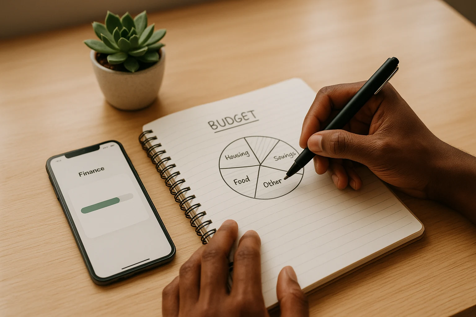 Mãos planejando orçamento com caderno mostrando gráfico de alocação e smartphone com aplicativo de finanças