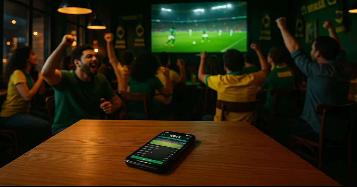 Bar esportivo brasileiro durante partida de futebol com torcedores assistindo e smartphone mostrando aplicativo de apostas