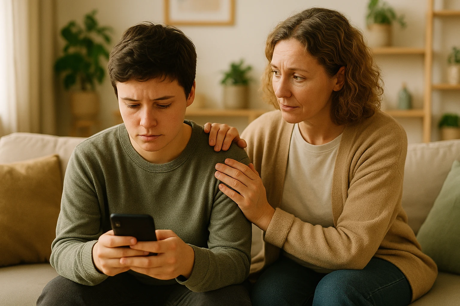 Duas pessoas sentadas em sofá em ambiente acolhedor, uma oferecendo apoio à outra enquanto olha o celular