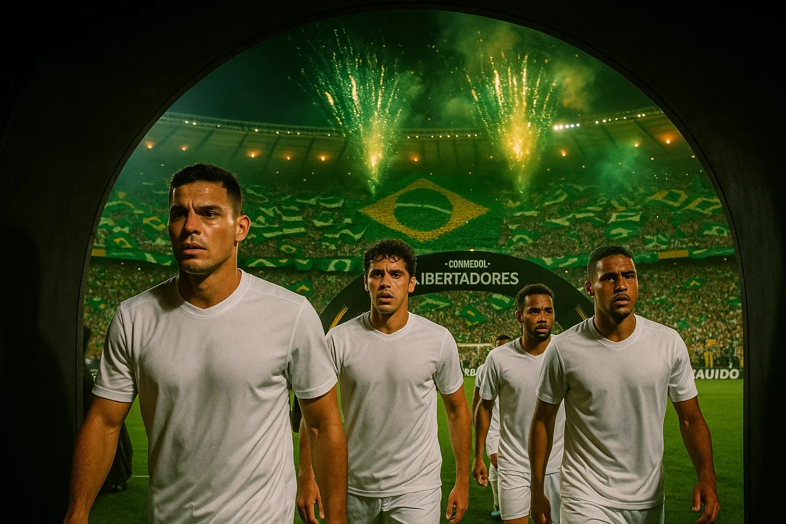 Jogadores brasileiros entrando em campo para partida da Libertadores com bandeiras e mosaico da torcida
