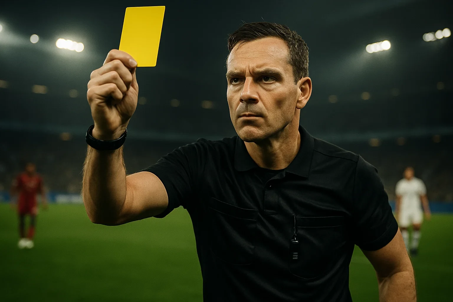 Árbitro mostrando cartão amarelo durante partida de futebol profissional