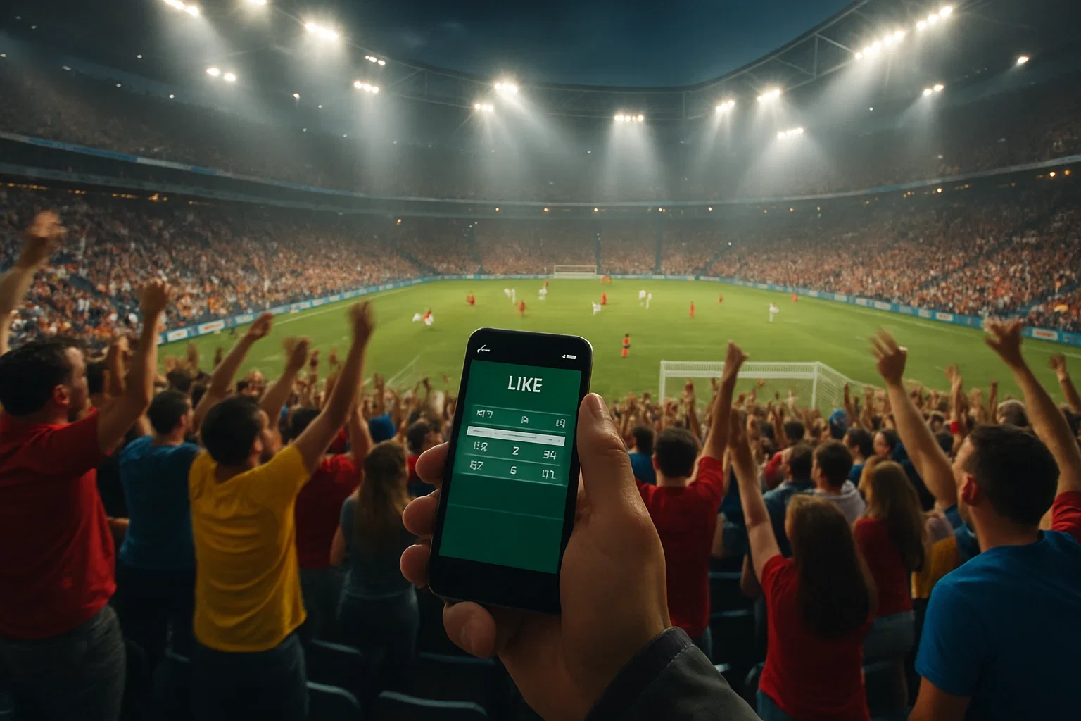 Estádio de futebol lotado com torcedores vibrando durante partida ao vivo