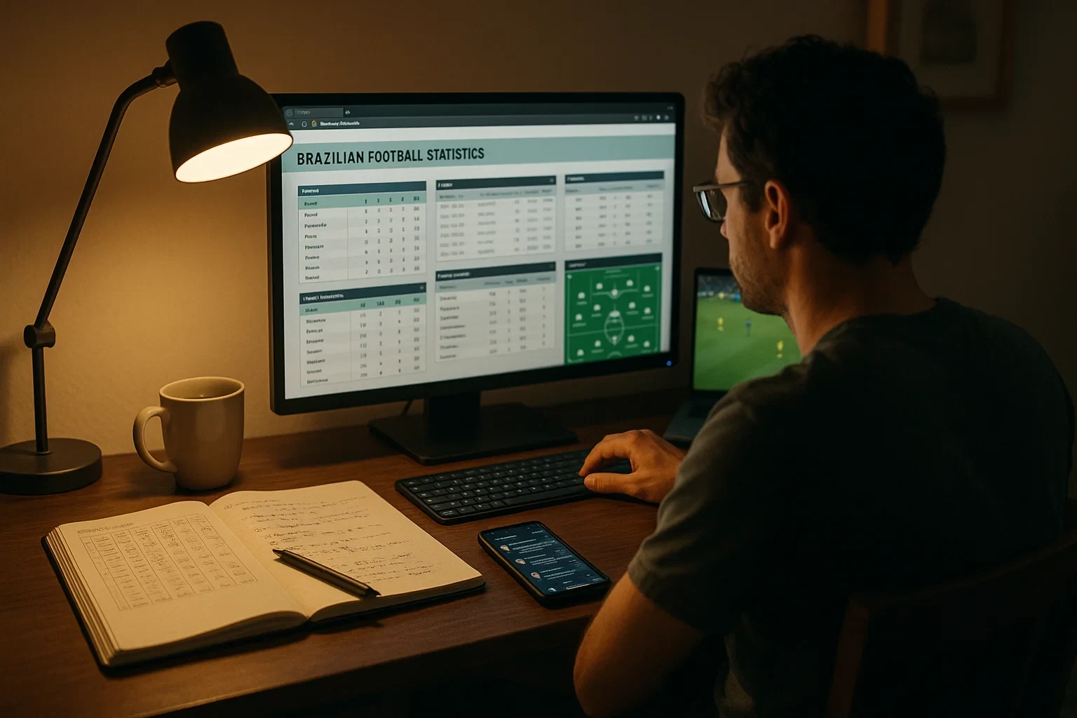 Pessoa pesquisando estatísticas de futebol brasileiro em computador com múltiplas abas abertas