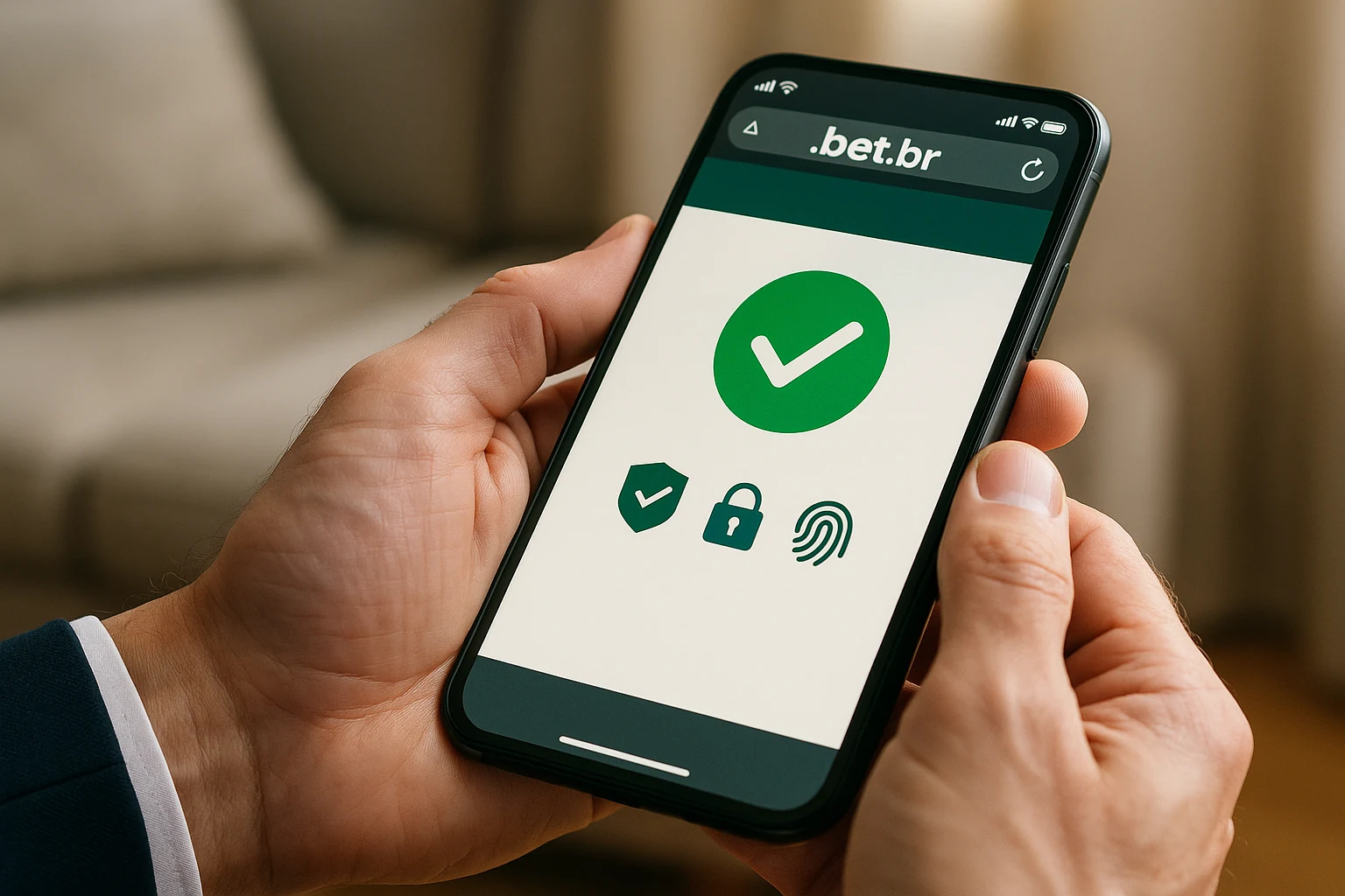 Smartphone mostrando verificação de domínio .bet.br em aplicativo de apostas seguro